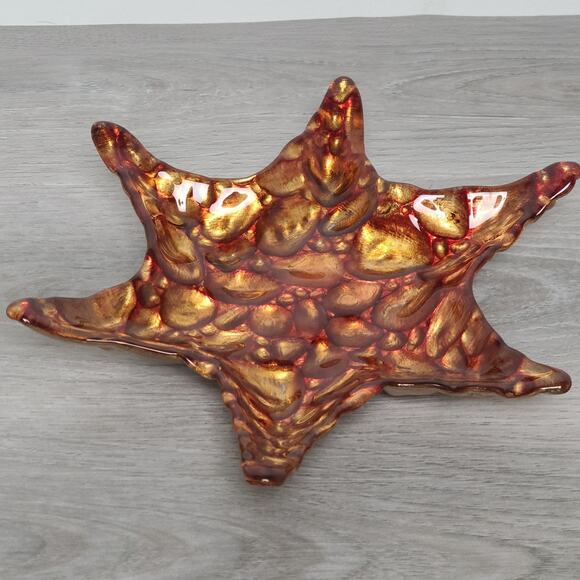 Art Glass Starfish Dish Red Reverse Painted Gold - Picture 5 of 6